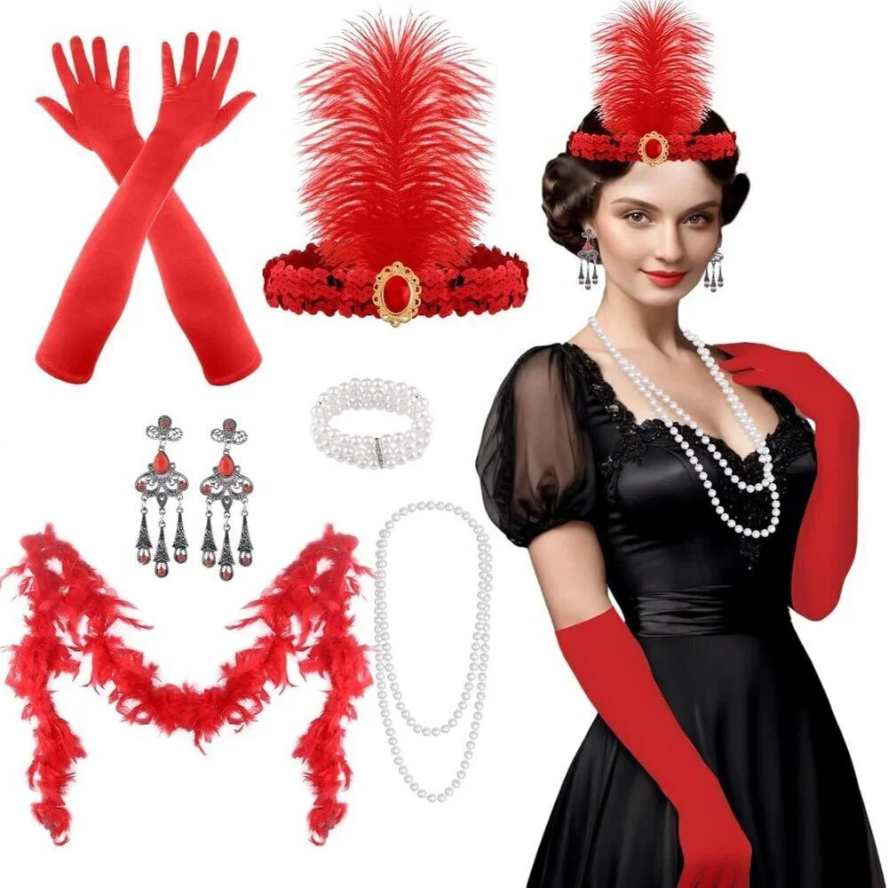 1920s Flapper Accessories Set Vintage Headband Gloves Pearl Necklace